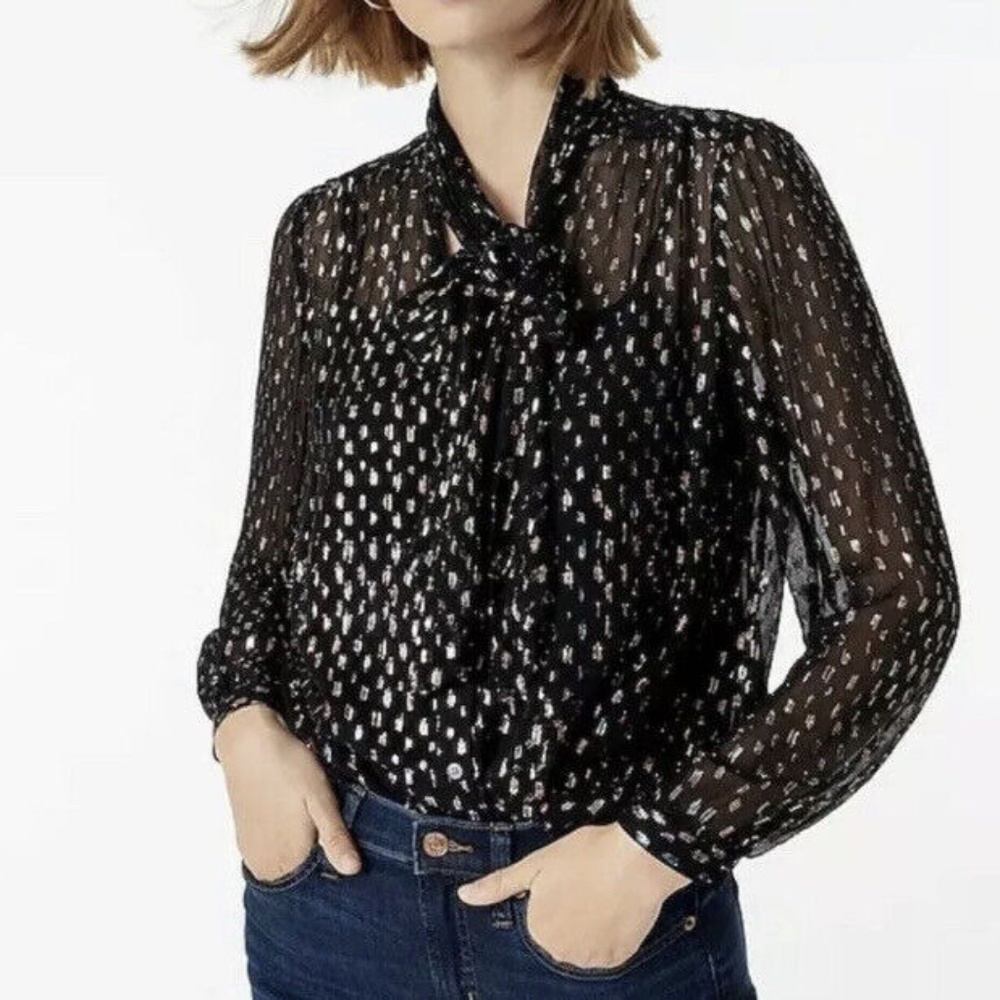 J.Crew Tie-neck blouse with rainbow Lurex® dot in black small new with tags